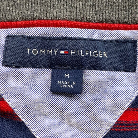 Tommy Hilfiger Sweater Mens M Navy Red Stripes V-Neck Pullover Cotton Preppy - Picture 3 of 10